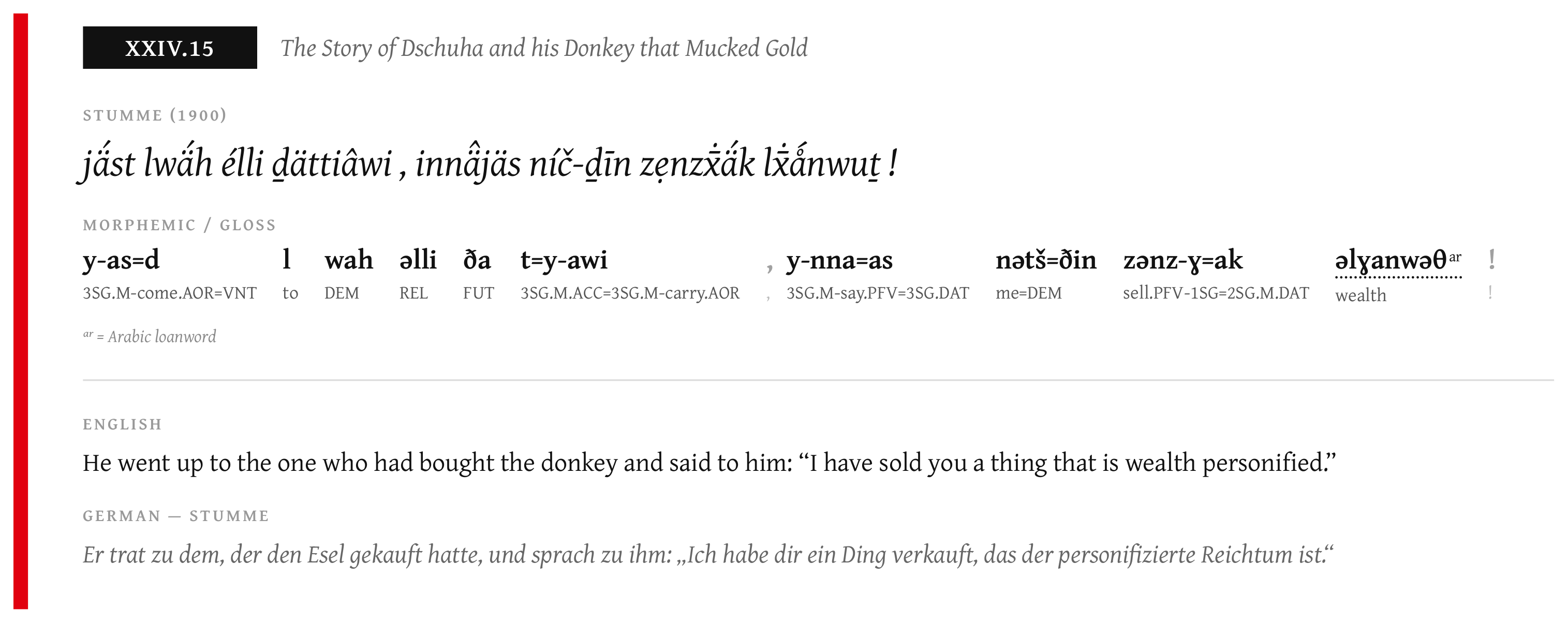 One sentence glossed in aligned layers: Stumme's original transcription, a morphemic segmentation, Leipzig-style glosses, and English and German translations